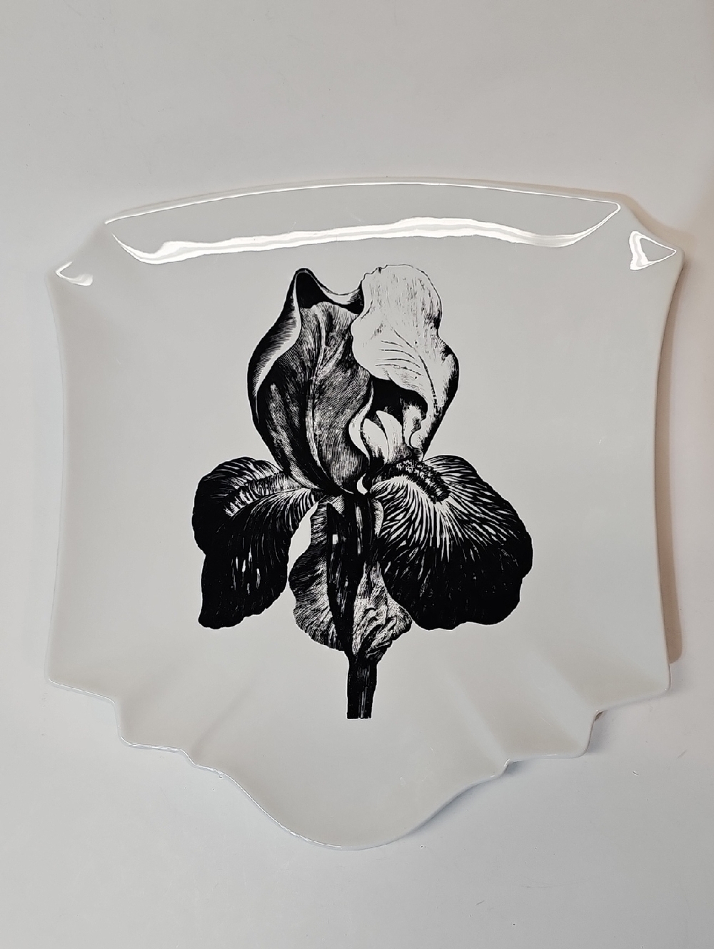 Creative Co-Op White Ceramic Plate with Black Iris Floral Print